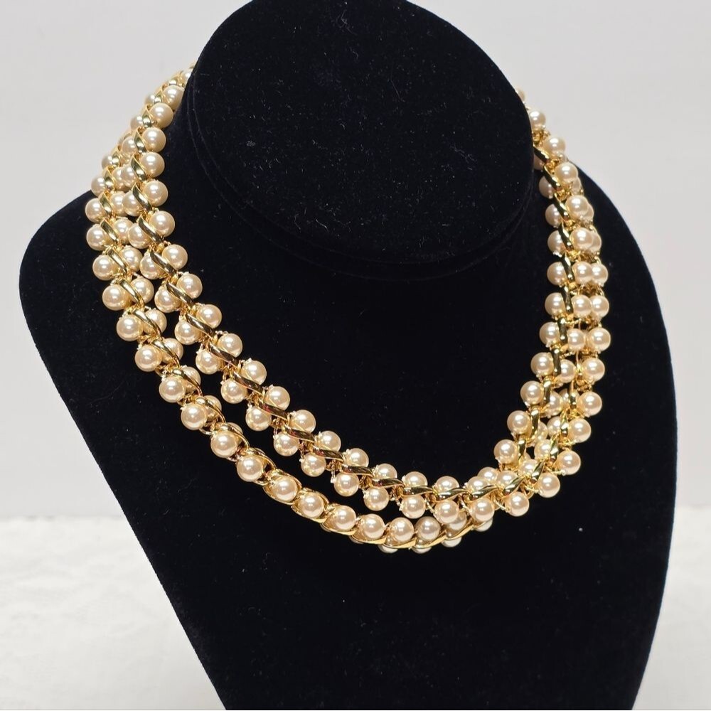 Vintage NAPIER White Double Row Faux Pearls Goldtone Chain Statement Necklace